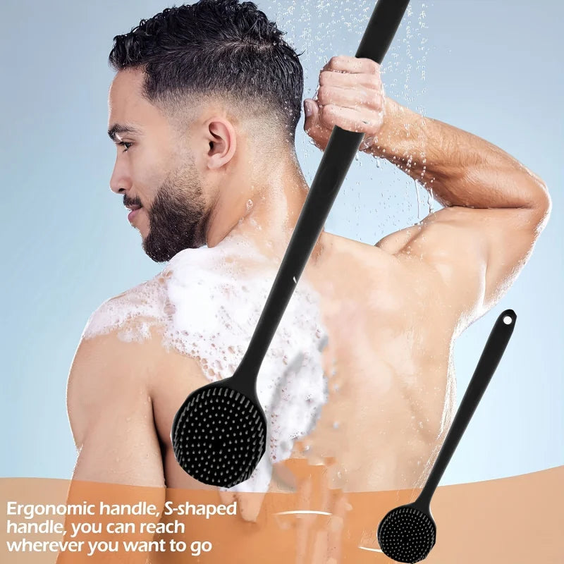 Long Handle Silicone Bath Brush with Soft Bristles - Ergonomic Back Scrubber for Exfoliating & Massaging, Gentle on All Light