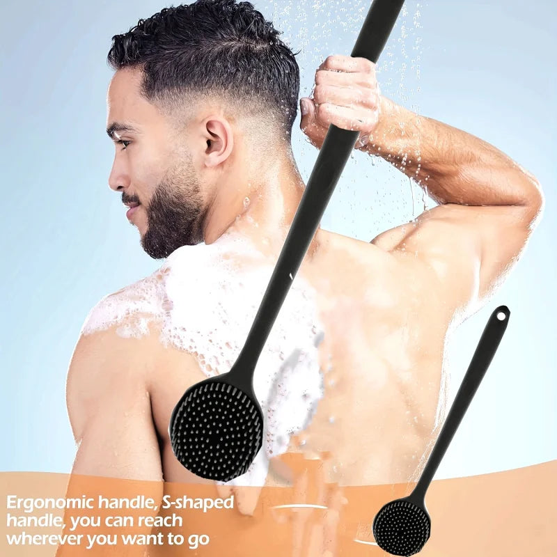 Long Handle Silicone Bath Brush with Soft Bristles - Ergonomic Back Scrubber for Exfoliating & Massaging, Gentle on All Light
