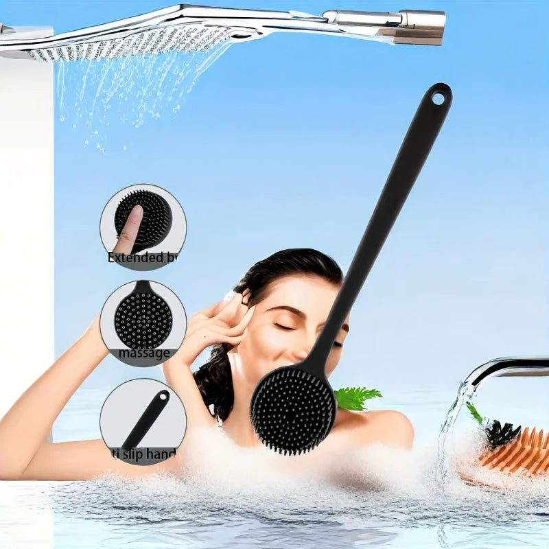 Long Handle Silicone Bath Brush with Soft Bristles - Ergonomic Back Scrubber for Exfoliating & Massaging, Gentle on All Light